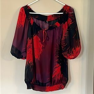 Mossimo  Black, red, and dark purple sheer short sleeve top. Size Extra Small
